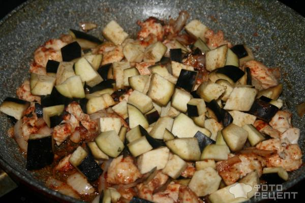 Рецепт: Соте из баклажан - с курицей и овощами